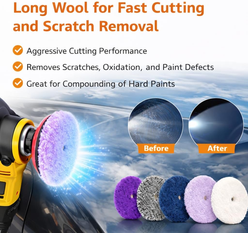 6-Inch Wool Cutting Pad & Wool Polishing Pad Set, Hook and Loop Wool Buffing Pad for Car Polishing, Fits 5-Inch Backing Plate, Wool Pads for Buffing with Buffer or Orbital Polisher