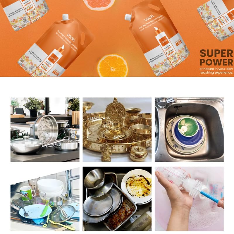 Image of Vooki Natural Dishwasher Liquid with Soapnut, Lemon, Tamarind, Orange Peel & Rock Salt, Tough on Grease and Stains, Utensil Cleaner Liquid Safe on Hands - 1.45 Ltr (Refill Pouch)