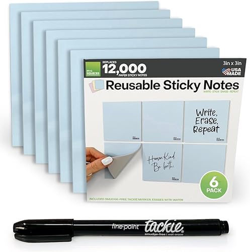 MC Squares Stickies - Notas adhesivas reutilizables de 3 x 3 pulgadas paquete de 6 mini pizarras blancas reutilizables de 2 años con marcador de