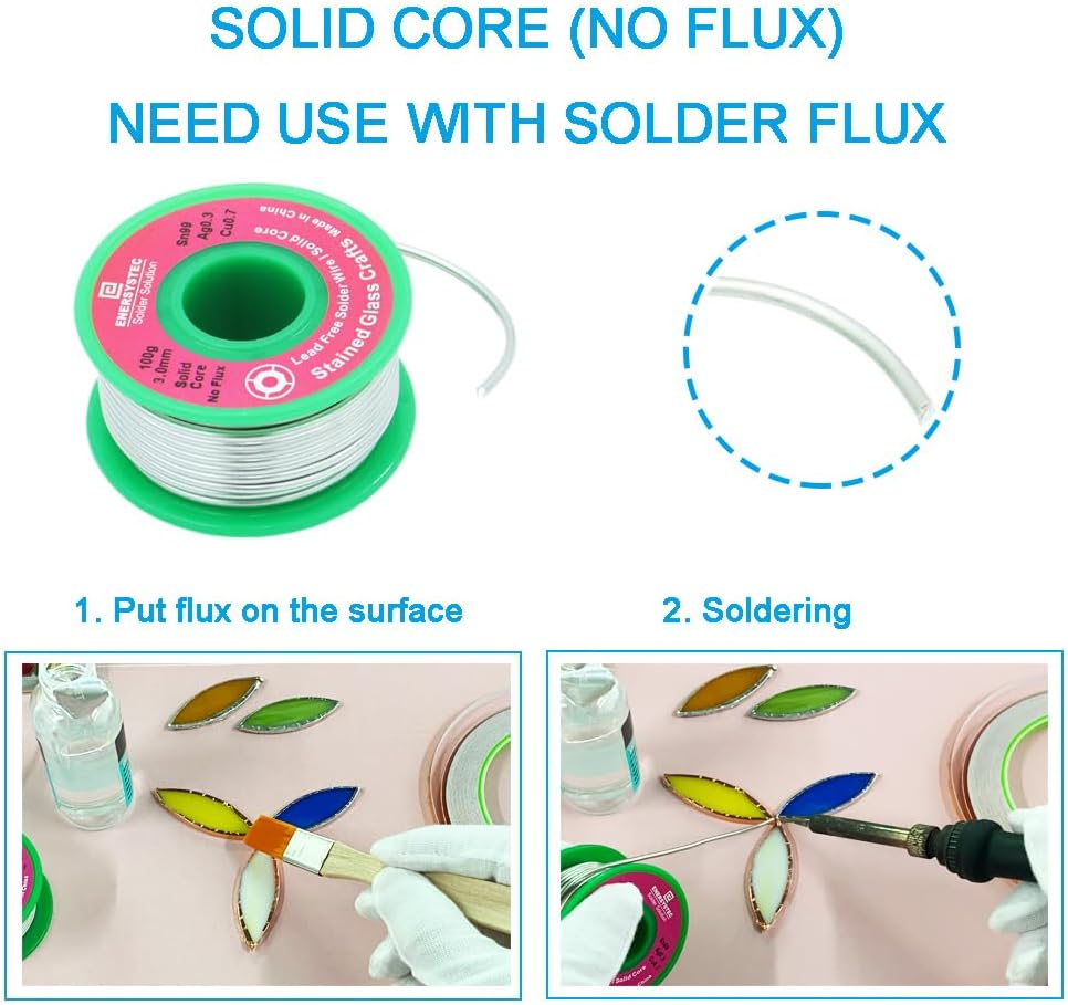 3.0mm Solder Wire for Stained Glass Lead Free, Solid Core Solder Wire for Glass Artwork Crafts, No Flux Core, Craft Soldering Wire Unlead, Sn99 Ag0.3 Cu0.7, 0.12 Solder Diameter Thick Gauge RoHS