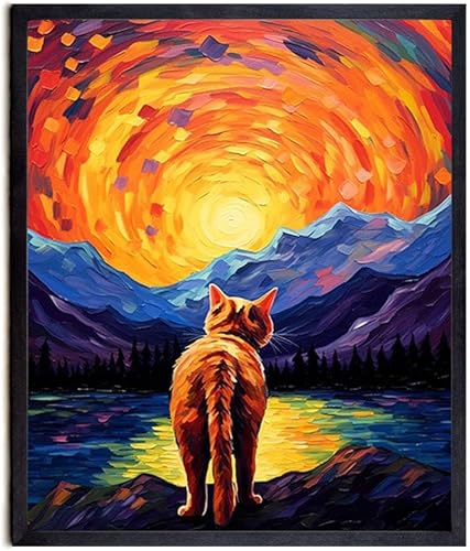Bestbuddy Pet 11x14 noche estrellada sin marco gato americano de pelo corto mirando más allá de las montañas meditación paz mascota familia pintura