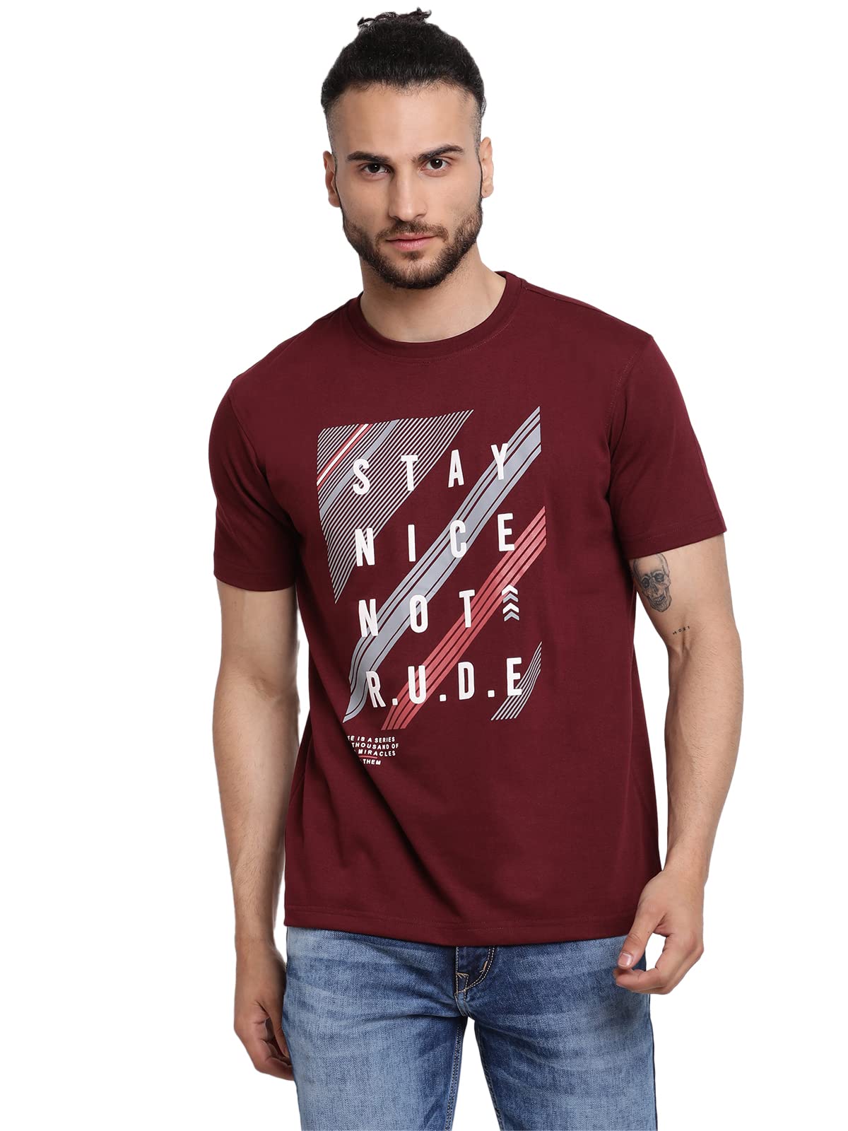 CantabilMen Maroon Cotton Blend Round Neck Half Sleeve Printed T-Shirt (P-MTSH00056-MAROON)