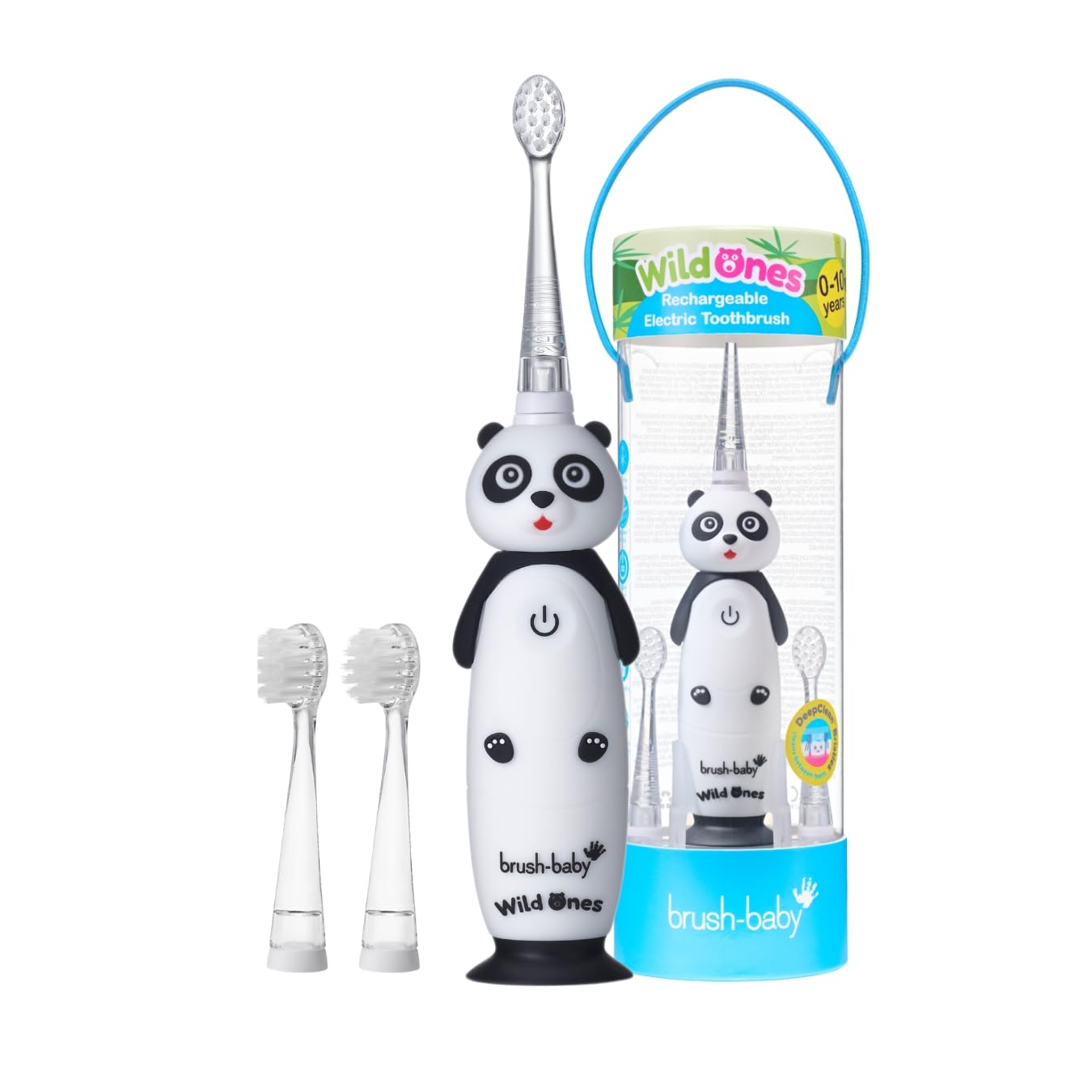 Brush-Baby WildOnes Brosse à dents électrique rechargeable pour enfant, 1 poignée, 3 têtes de brosse, câble de charge USB, pour enfants de 0 à 10 ans (panda)