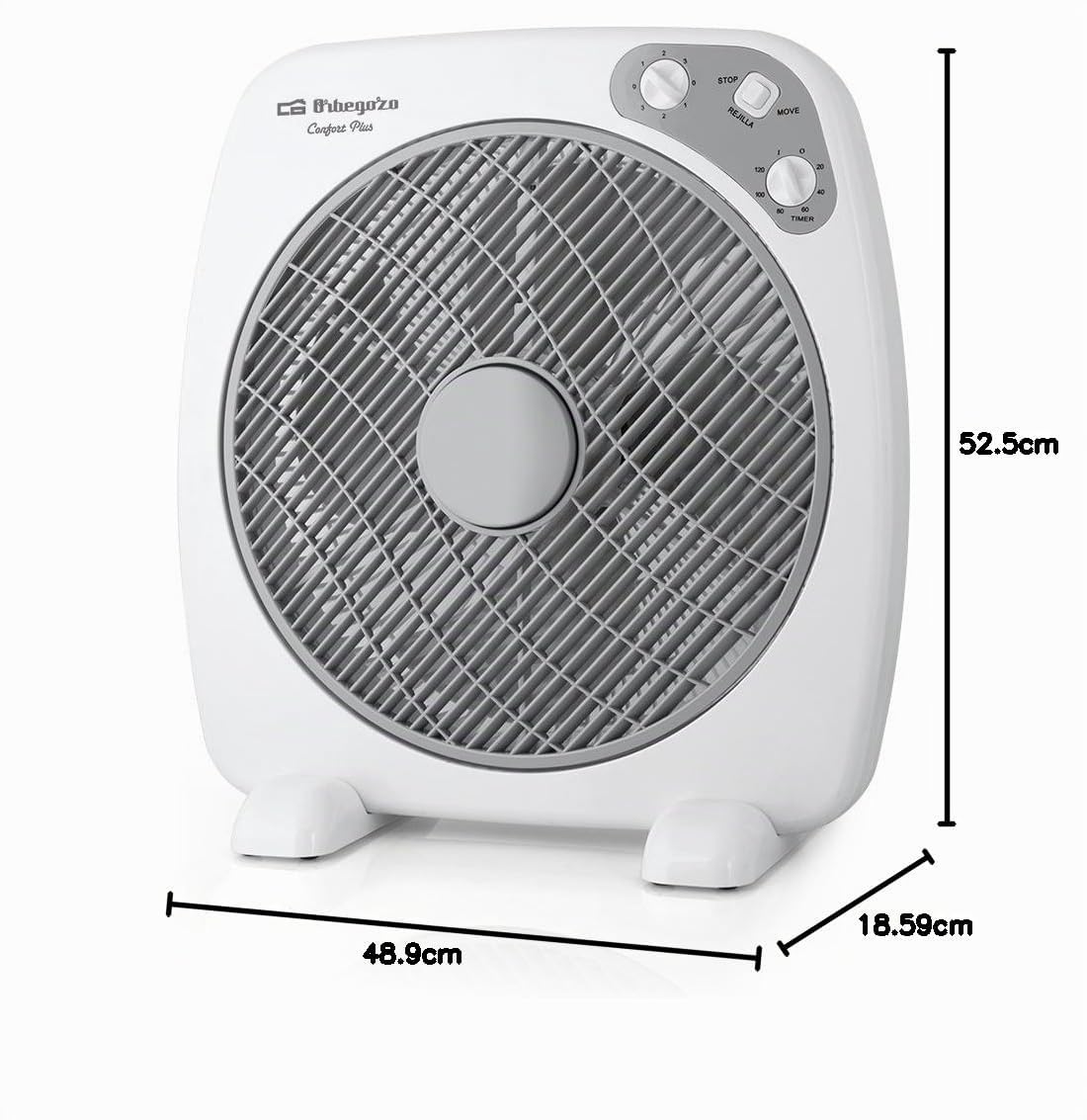 Orbegozo BF 0140 - Ventilador Box Fan con 3 velocidades de ventilación, difusor rotativo, función temporizador de 2 horas, tamaño aspas 40 cm, 60 W, Blanco