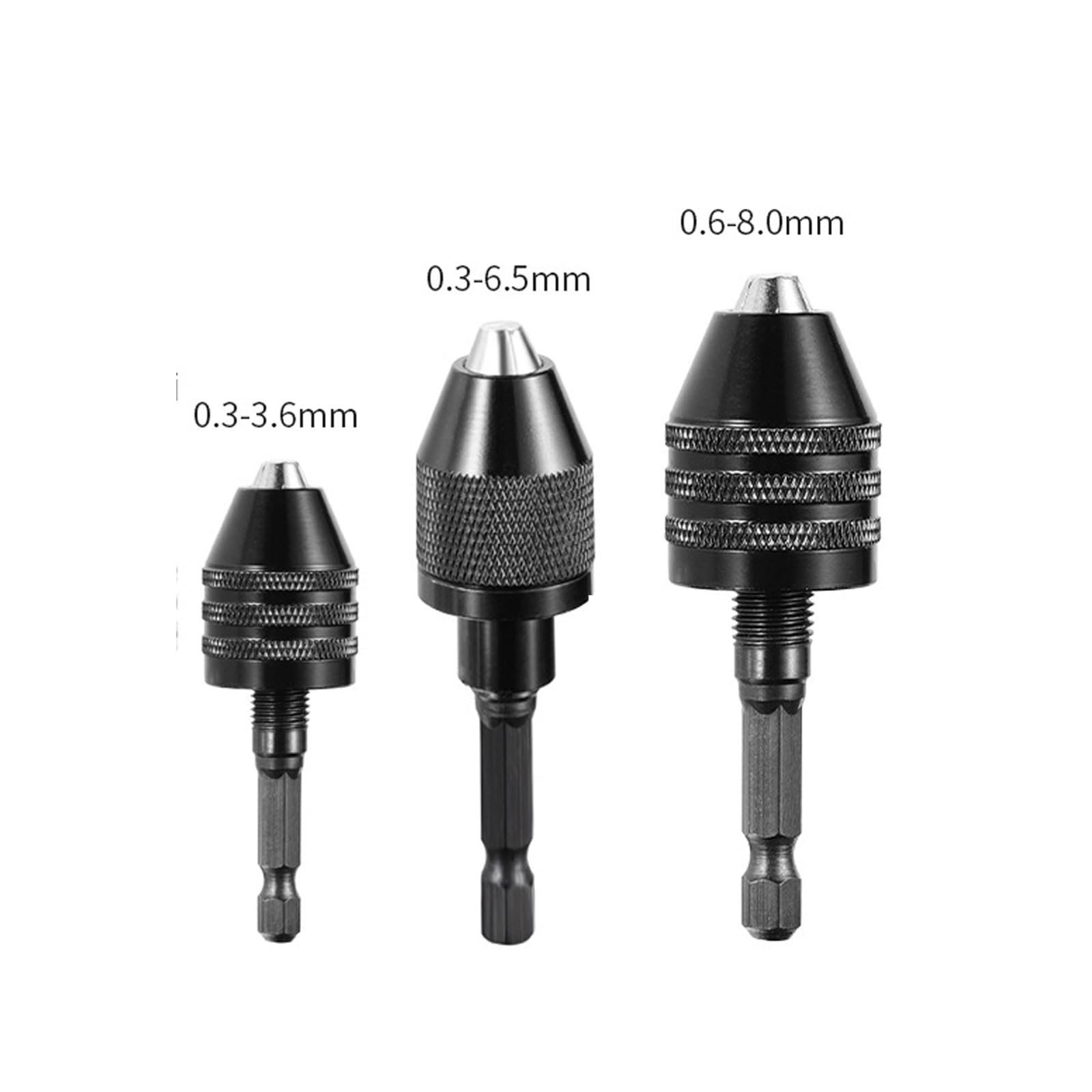 3 adattatori per mandrino senza chiave con gambo esagonale, strumento di conversione per mandrino per trapano, adattatore per mandrino senza chiave per trapano da 0,3-6,5 mm e 0,3-3,6 mm e 0,3-8 mm