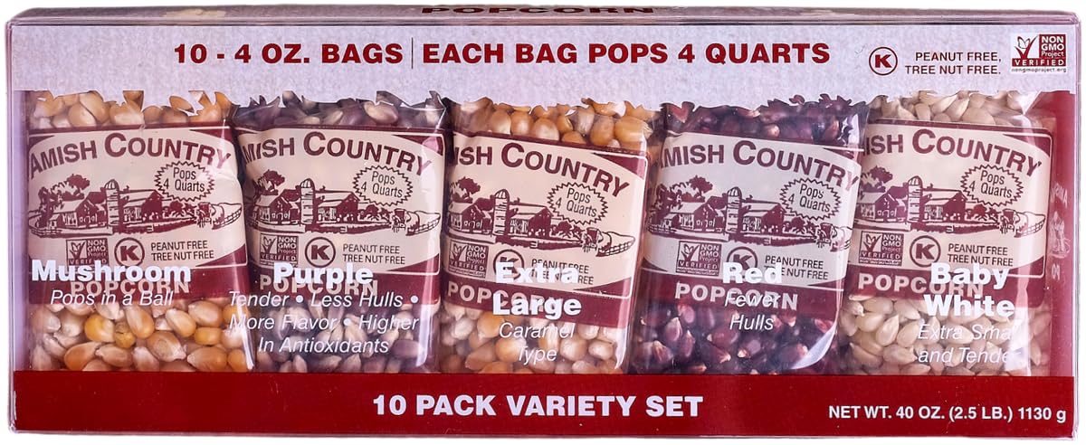 Amish Country Popcorn | 4 Ounce Variety Kernel Gift Set (10 Pack Assorted) | Old Fashioned, Non-GMO and Gluten Free (4oz Each, 10ct Total)
