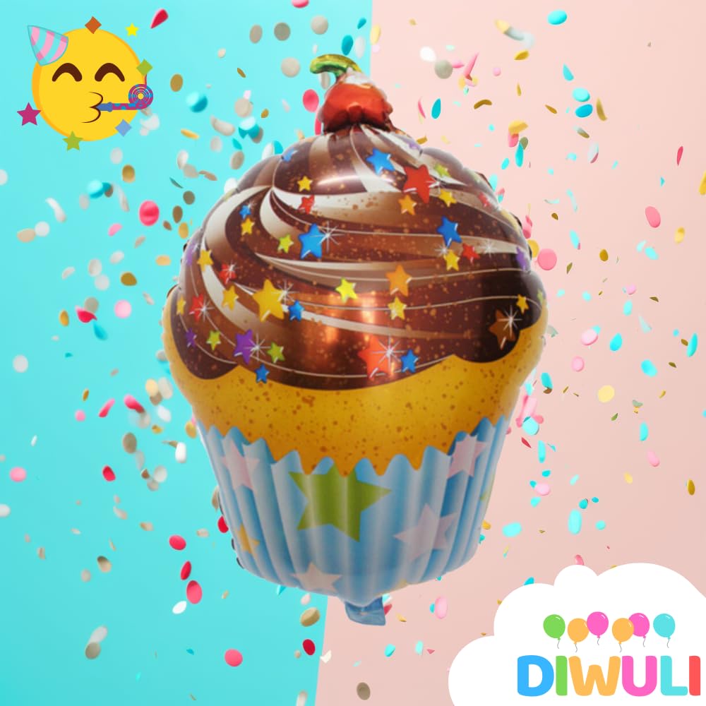 DIWULI Cupcake Folienballon – Für Geburtstag & Partys – Mit Aufblashalm, Mit Luft Oder Helium Befüllbar, Wiederverwendbar