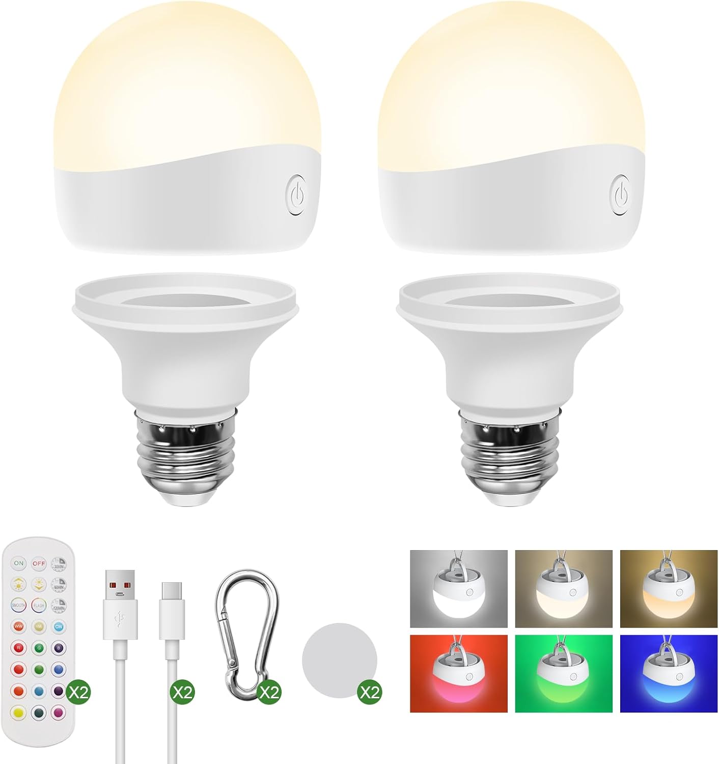 HISTAR Rechargeable Light Bulbs with Remote, E26 Battery Operated Light Bulb for Non-Hardwired Fixture, 3-Color Temperature, RGB, Timer, 4Pack