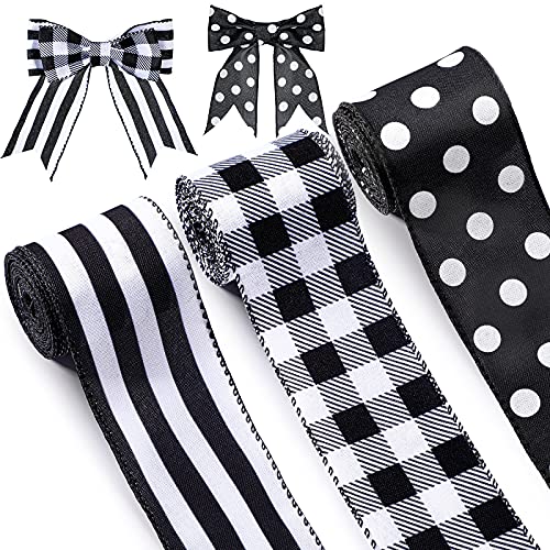 Wiaxin 3 Rolls Burlap Wired Edge Ribbons Plaid Wrapping Ribbons Striped Gingham Grosgrain Ribbon Dot Pattern Ribbons for DIY Crafts Party Home Decoration, 2.5 Inch x 15 Yards (Black and White)