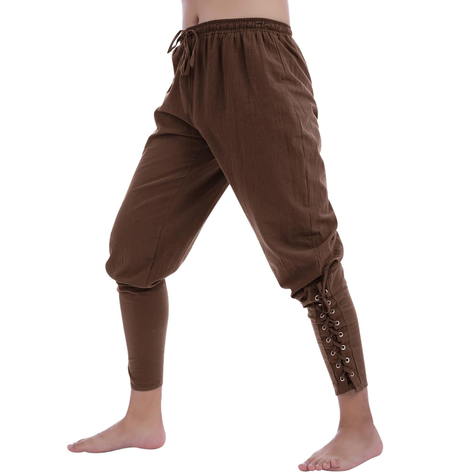 Generisch Men's Medieval Trousers Vintage Renaissance Viking Pirate Trousers Plain Baggy Leisure Trousers Cosplay Carnival Costume Gothic Steampunk Victorian Halloween Costume, O Brown, XXL