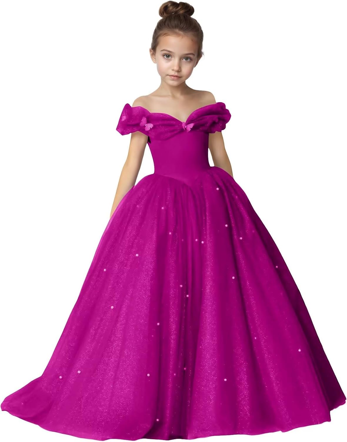 Off Shoulder Flower Girl Dresses 2026 Puffy Tulle Pageant Dress for Girls Sparkly Formal Evening Party Gown