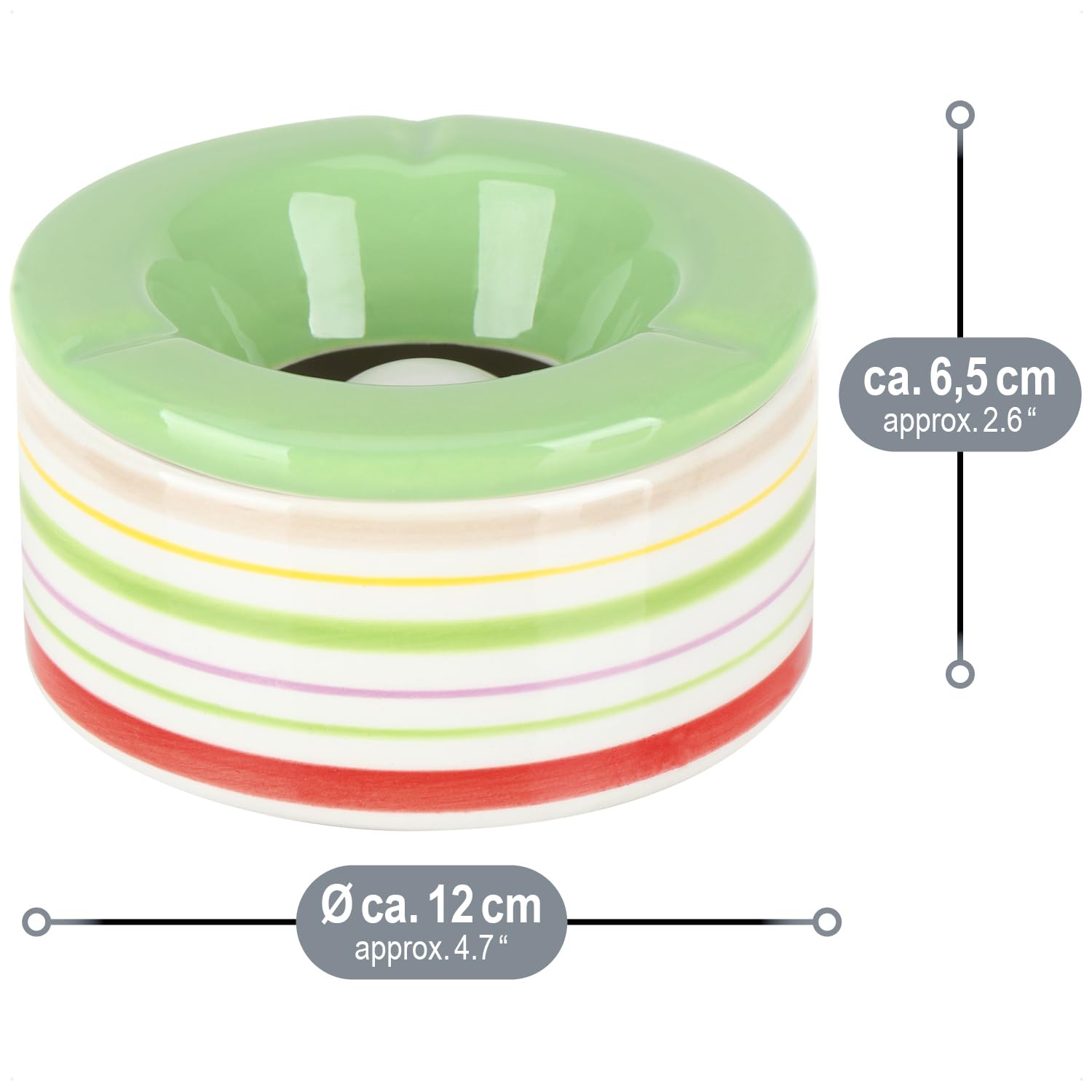 com-four® 2x Posacenere Antivento in Ceramica Dolomite - Portacenere Grande con Coperchio in Ceramica con Strisce Colorate in Blu e Verde (02 pezzi 12 cm verde blu)