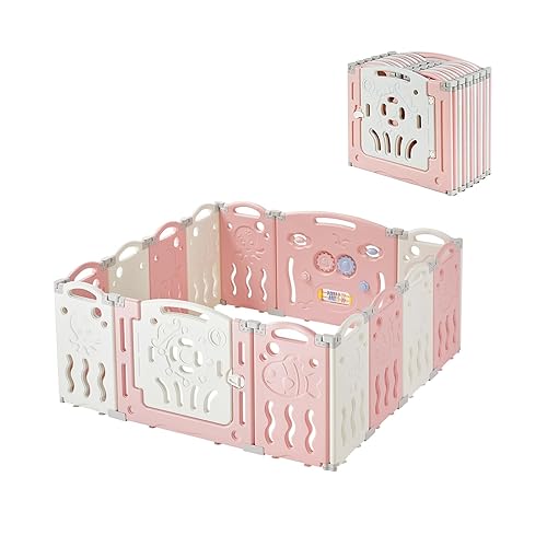 Miniatura 9 de Albott Corralito para bebés mejorado de 14 paneles plegable con panel de juego y puerta de seguridad, forma ajustable, patios portátiles para niños