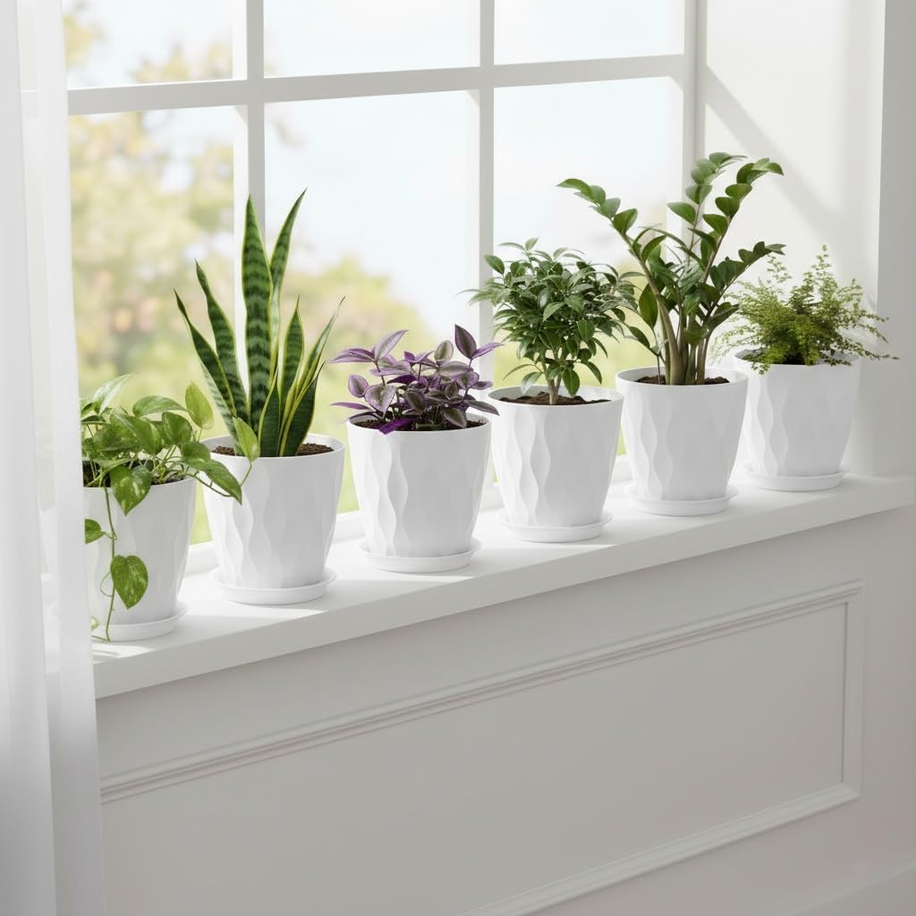 Plant Pots 8 Inch, 6 Pack Plastic Flower Pots for Indoor & Outdoor Plants, Planters with Drainage Holes and Saucer, Garden Pot for Plants (White)