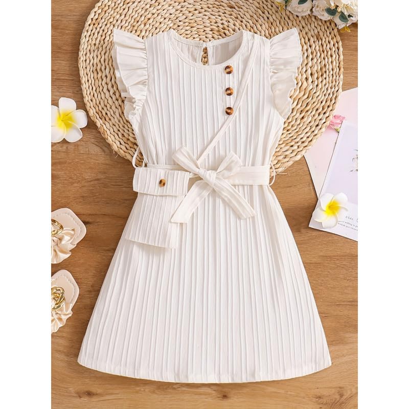 Image of Niren Enterprise Girls Fit And Flare Knee Length Striped Round Neck Sleeveless Dress with Waist Belt and String Purse