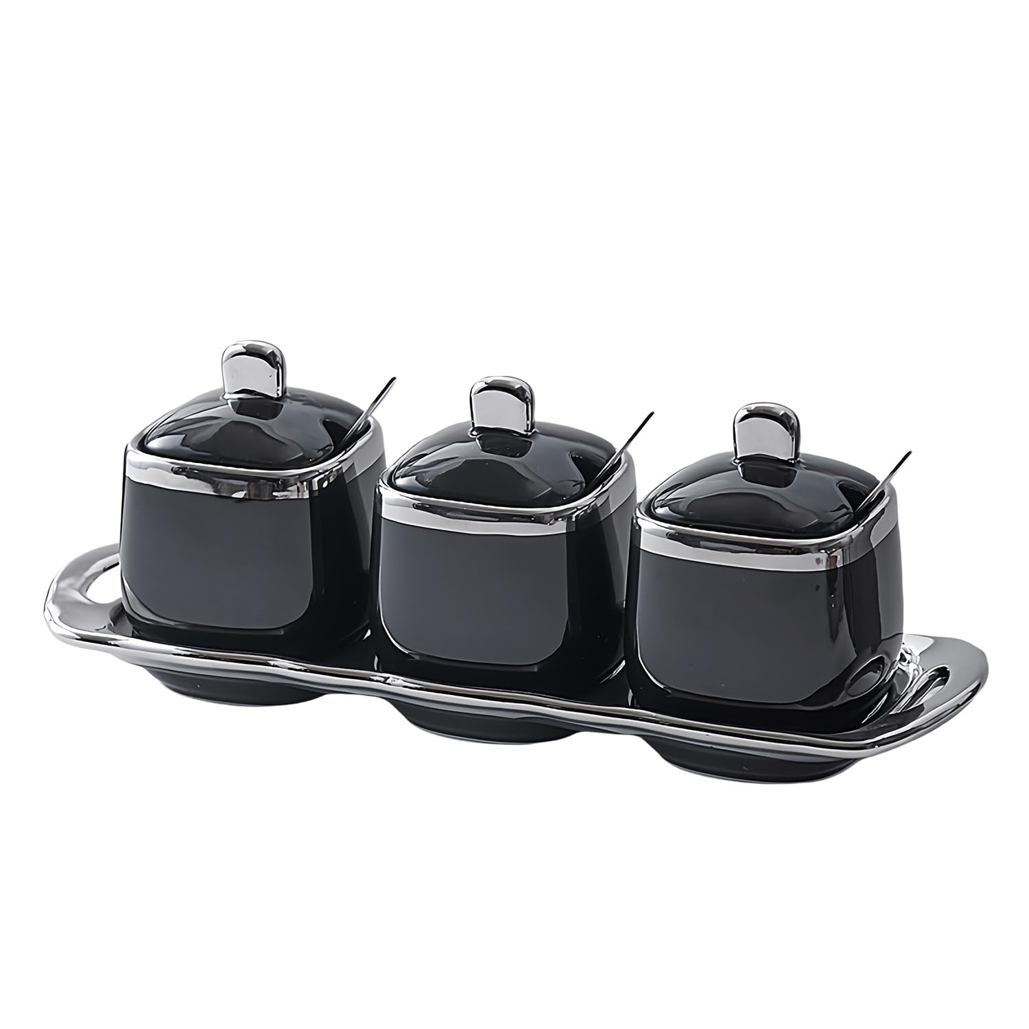 Azucarero con tapa y cuchara, juego de 3 tarros de almacenamiento de 350 ml, contenedor de azúcar, tarro de azúcar, azucarero (negro)
