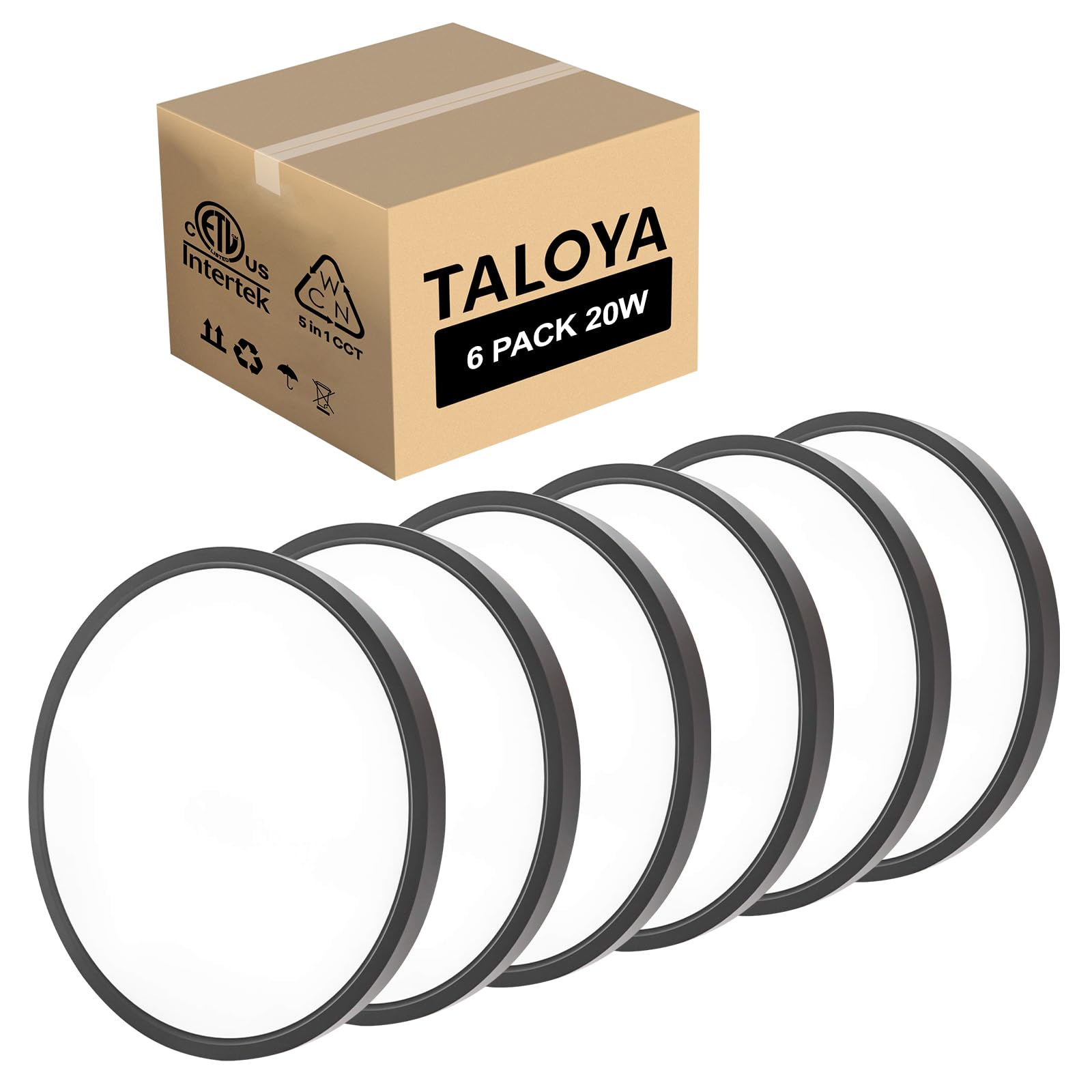 TALOYA Black 6 Pack Led Ceiling Fixture Flush Mount for Kitchen Living Room Garage Foyer, 3000K/3500K/4000K/5000K/6500K 5-in-1 CCT Selectable, 12 Inch 20W Ultra-Thin Surface Mounted Light Fixture
