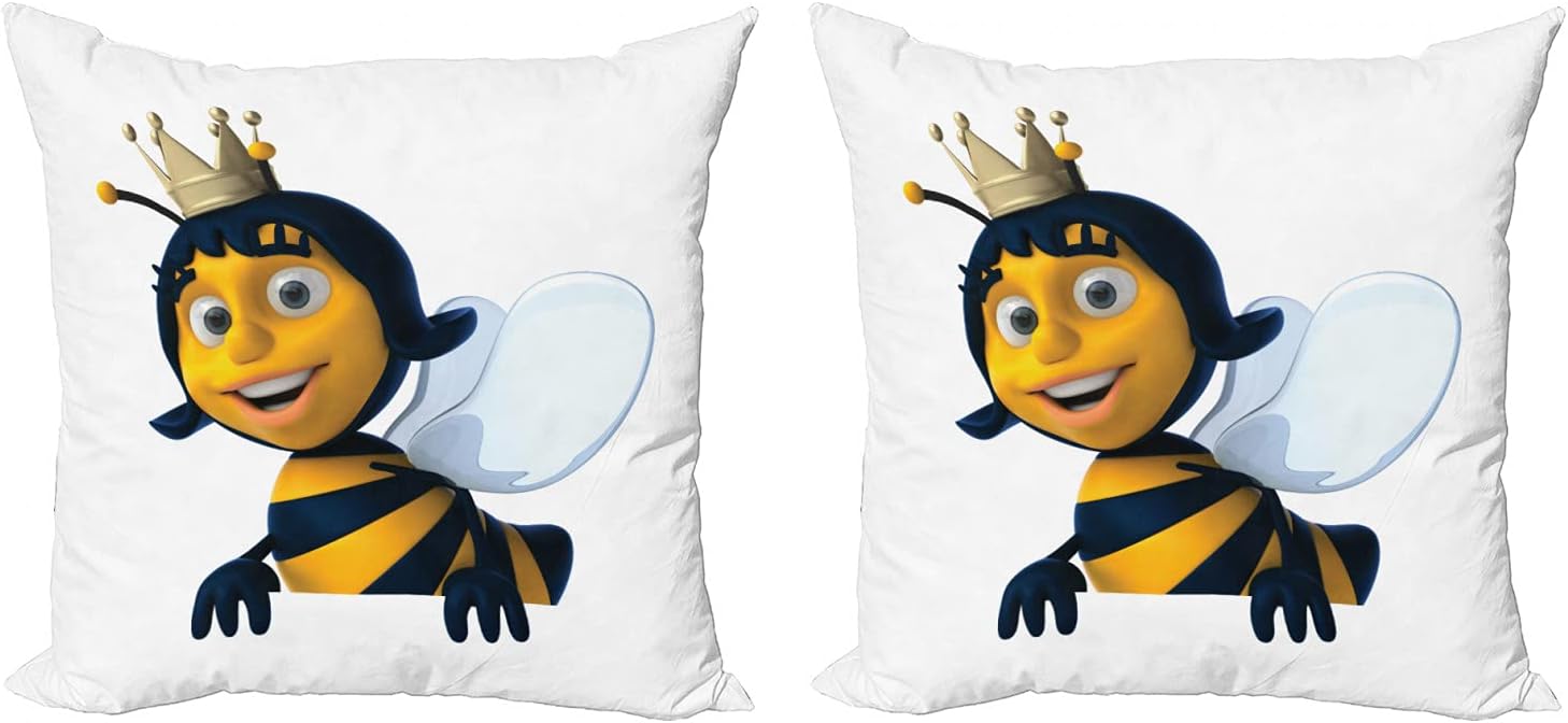 ABAKUHAUS Abeja Reina Set de 2 Fundas para Cojín, Madre de la Colonia, con Estampado en Ambos Lados con Cremallera, 60 cm x 60 cm, Tierra Amarillo Azul Real