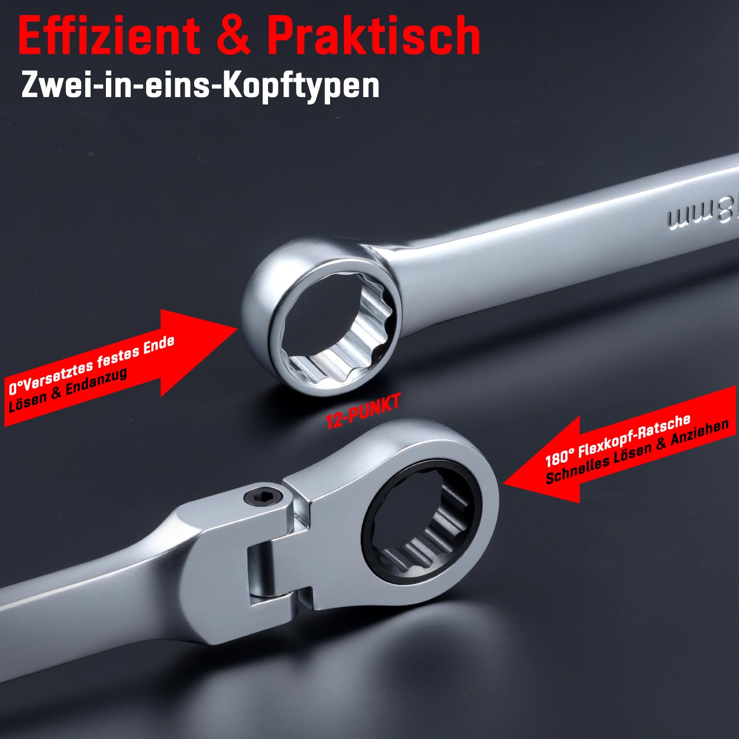 Flex-Ratschen-Set,8-19mm 12-tlg Doppel Ringschlüssel Satz,Extra langer Schraubenschlüssel, CV-Stahl 8mm-19mm