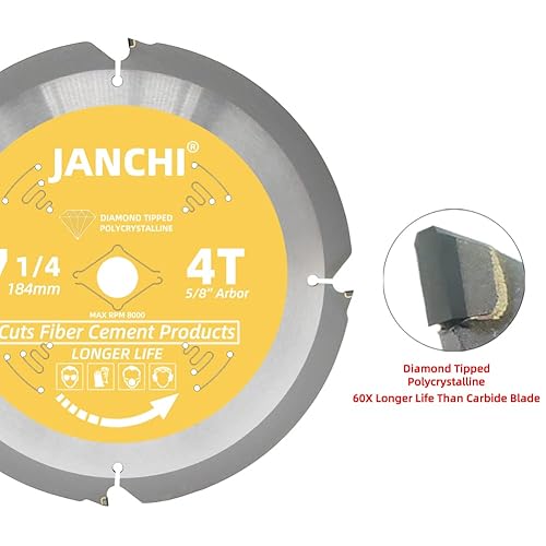 Miniatura 2 de Janchi Hoja de sierra circular de fibra de cemento Hardie con punta 4T PCD de 7-14 pulgadas con eje DMK de 58 pulgadas, hoja de sierra de dientes