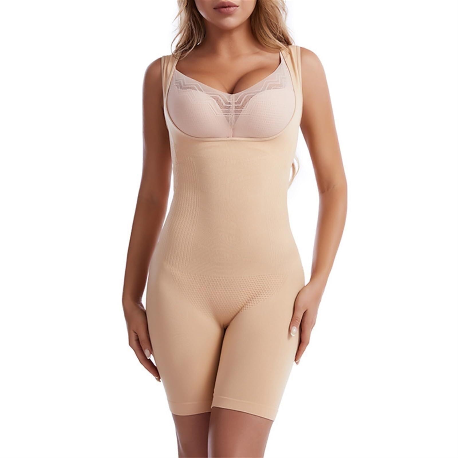Rieort 2pcs Shapewear Mid-Thigh Body Shaper for Women Series Open-Bust Slimming Girdle Enhancer Bodysuit Butt Tummy Control Underwear(Skin,XL)