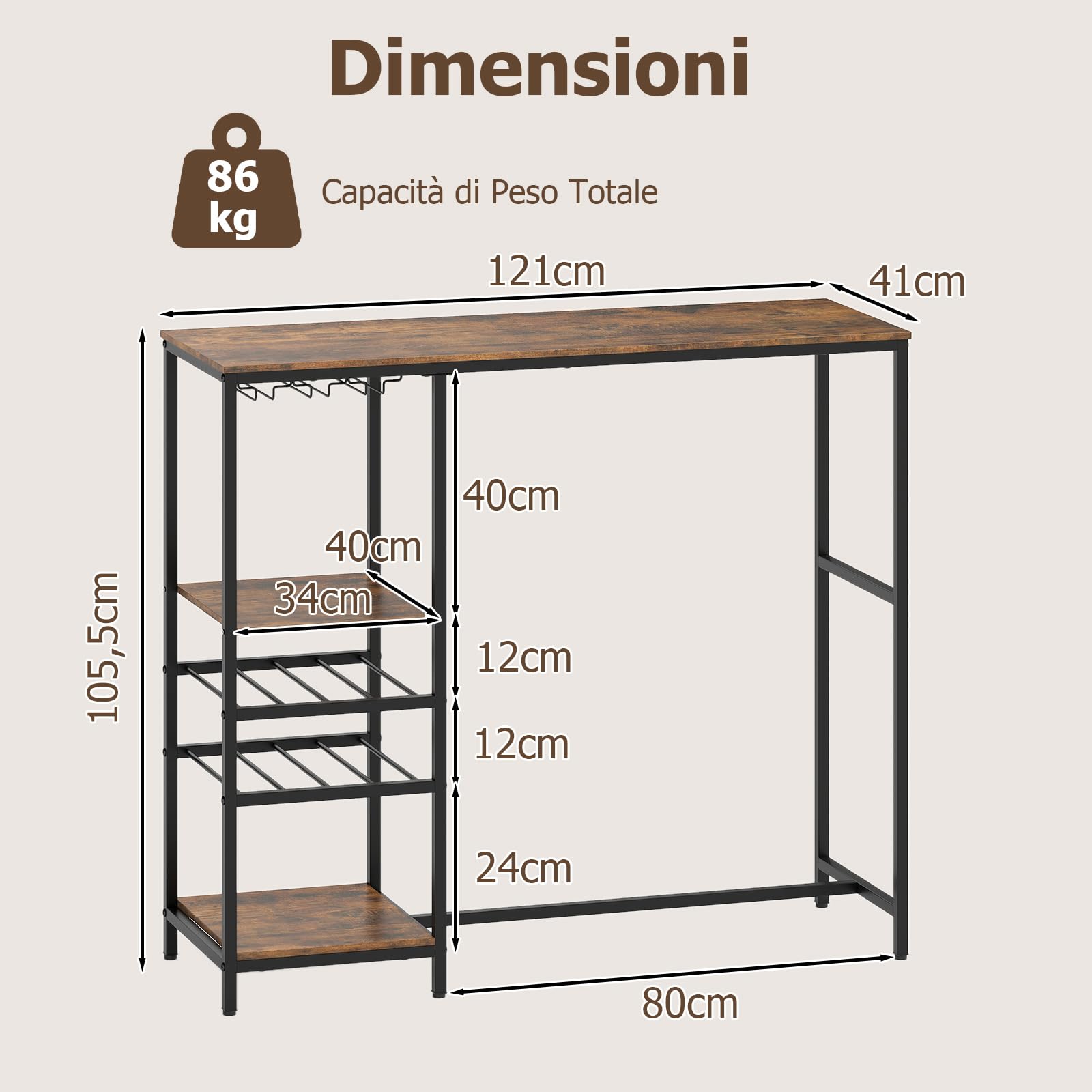 COSTWAY Tavolo da Bar 121 x 41 x 105,5 cm, Angolo Bar per Casa con Scaffali di Stoccaggio, Portabottiglie e Portacalici, Tavolo Alto per Cucina, Soggiorno, Ristorante e Bistrò
