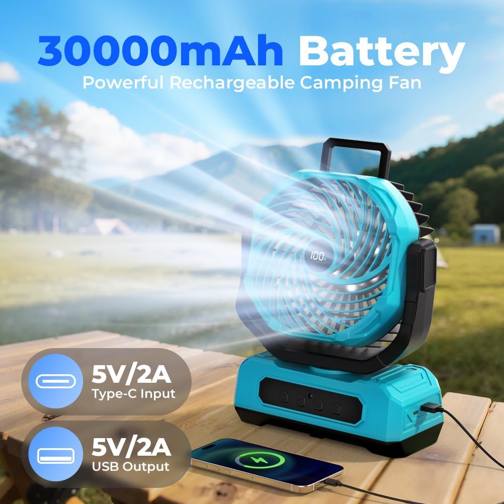 30000mAh Portable Camping Fan with RGB Lantern, Rechargeable Battery Powered Oscillating 4 Wind Speeds LED Display, Remote Control Timer Tent Beach Cordless USB Fans for Travel Home Outdoor, Blue