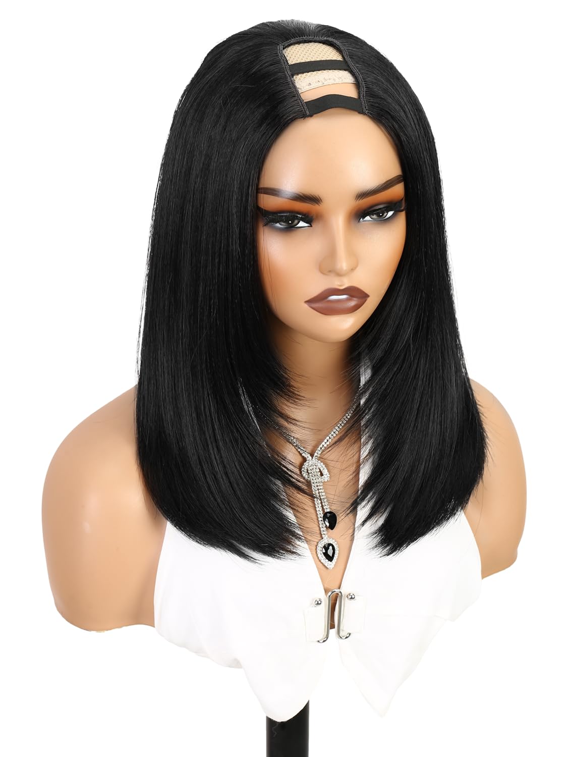 WIGNEE Perruque Bob Courte Noire U-Part Lisse Bob Dégradé 14 Pouces (Noir) | Perruque U Part, Demi-Perruque Synthétique à Clips, Yaki Perruque, Glueless, Aspect Naturel Pour Un Usage Quotidien