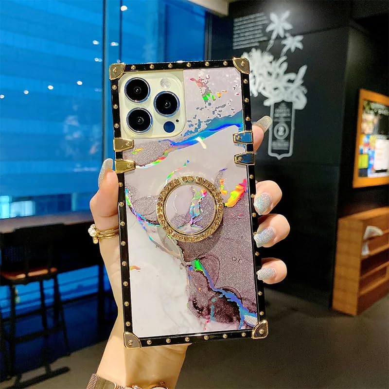 Image of LuxuryKase Premium Marble Design Case for iPhone 15 Pro | Shockproof Trunk Frame | Rotating Ring Holder | Stylish Protective Cover with Studded Edges - Grey