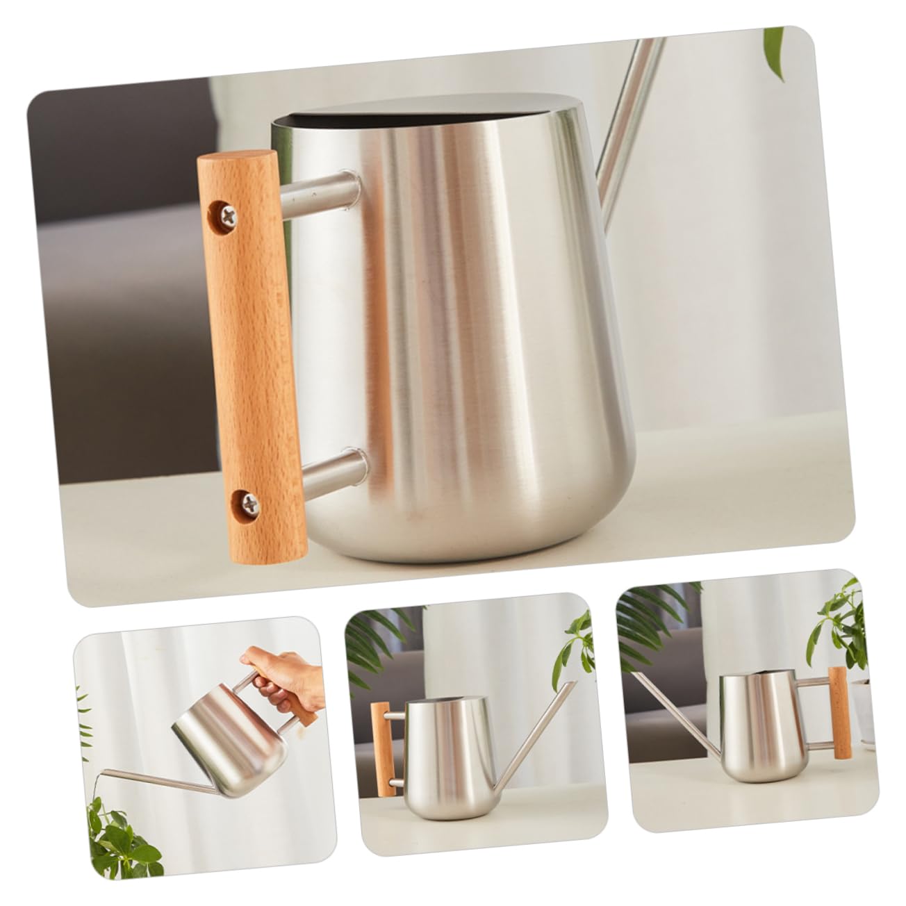 Regadera De Inoxidable Mango De Madera para De Interior y Jardín para Riego De Flores y Colgantes Portátil y De Usar