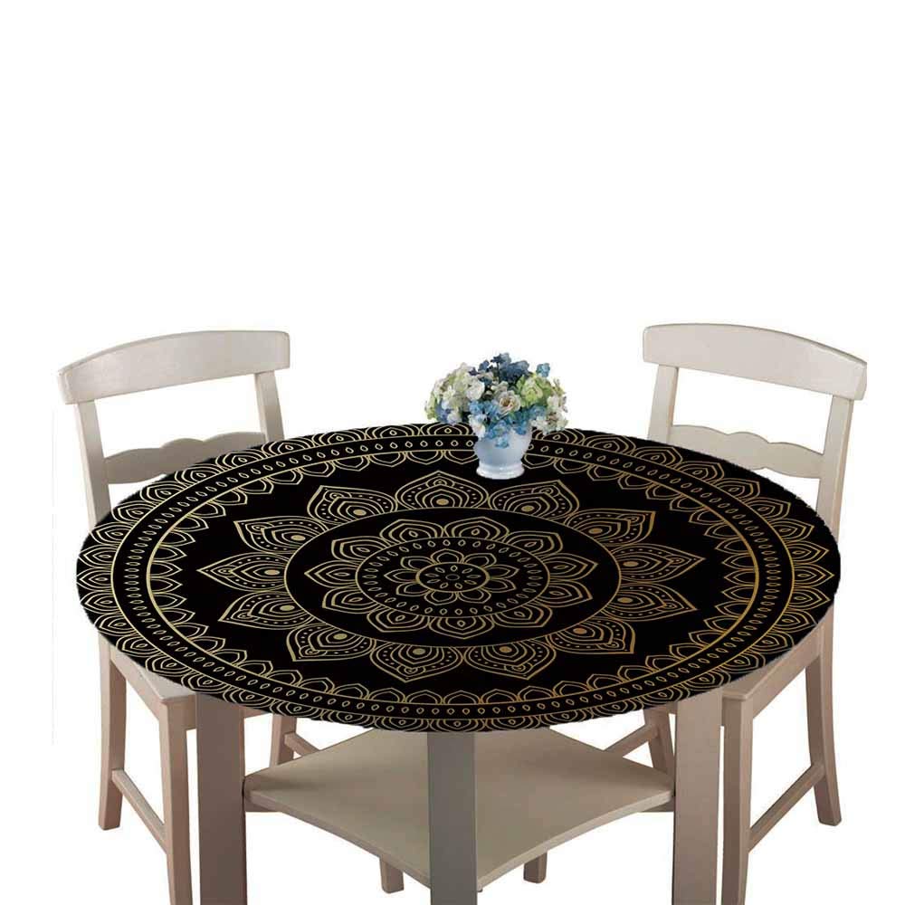 Chickwin-Shop Black Gold Chickwin Round Fitted Tablecloth Waterproof Dust-Proof Wipe Clean Round Mandala Printed Table Cover Flannel Elastic Edged, Table Protector For Kitchen Patio Dining Room (,100Cm)