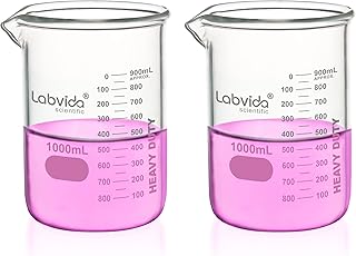 Heavy Duty Glass Beakers Set 2 pcs of Vol.1000ml Thick-Walled, 3.3 Boro Griffin Low Form with Double Scale Printed Graduation for Laboratories, Industries, Schools and Home use, LVAC014