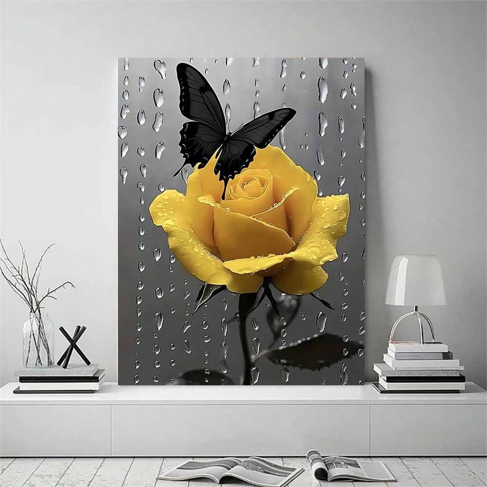 1 lienzo decorativo para pared, estampado de rosas amarillas con mariposas, para decoración de sala de estar, dormitorio, cocina y oficina (60x80cm/sin marco).