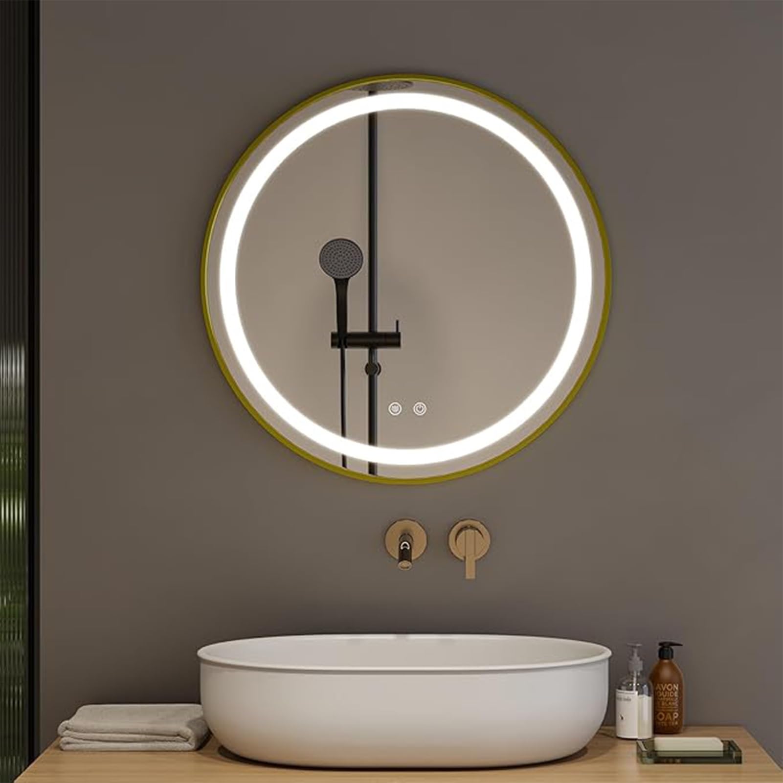QICBYING Round Bathroom Mirror With Lights, LED Illuminated Bathroom Mirror With Dimmable Light Demister Pad Touch Switch Wall Mounted Dressing Make-up Mirrors(Gold,70cm)