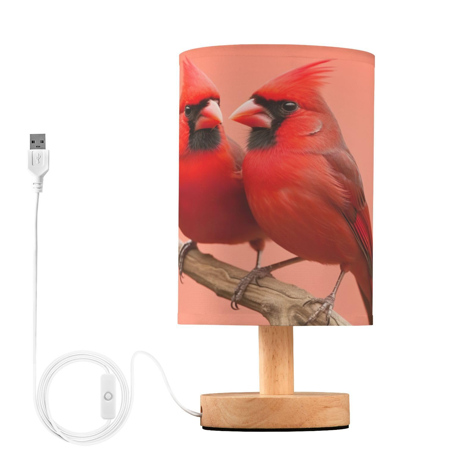 Flradish Cardinals Bird Table Lamp for Bedroom Nightstand Portable Table Bedside Lamp with USB Wood Base Cylinder Table Lamp for Bedroom Living Room