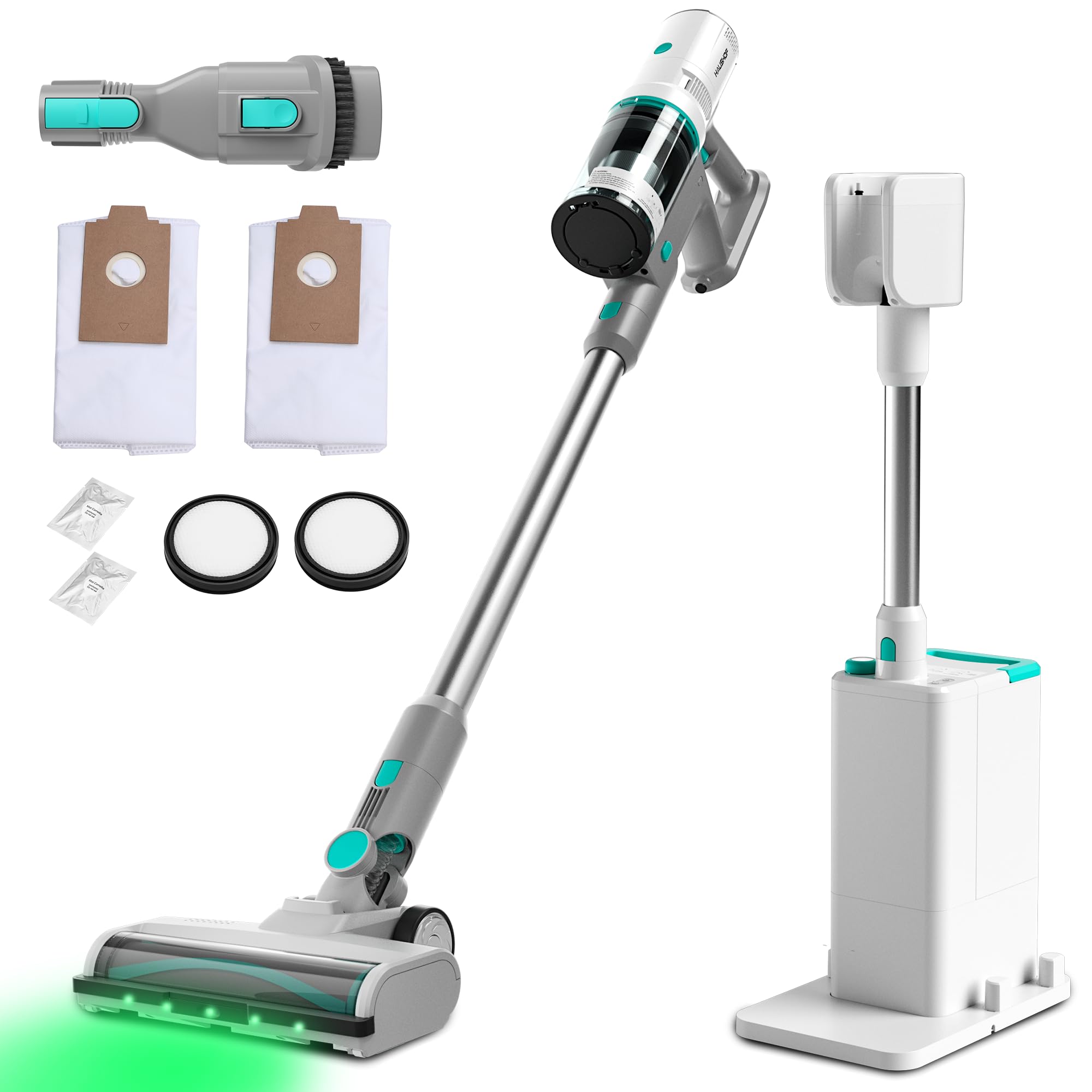 haushof cordless vacuum cleaner with auto empty station, 250w motor, hepa filter, anti-tangle brushroll, stick vacuum for pet hair, hardwood floors, carpets