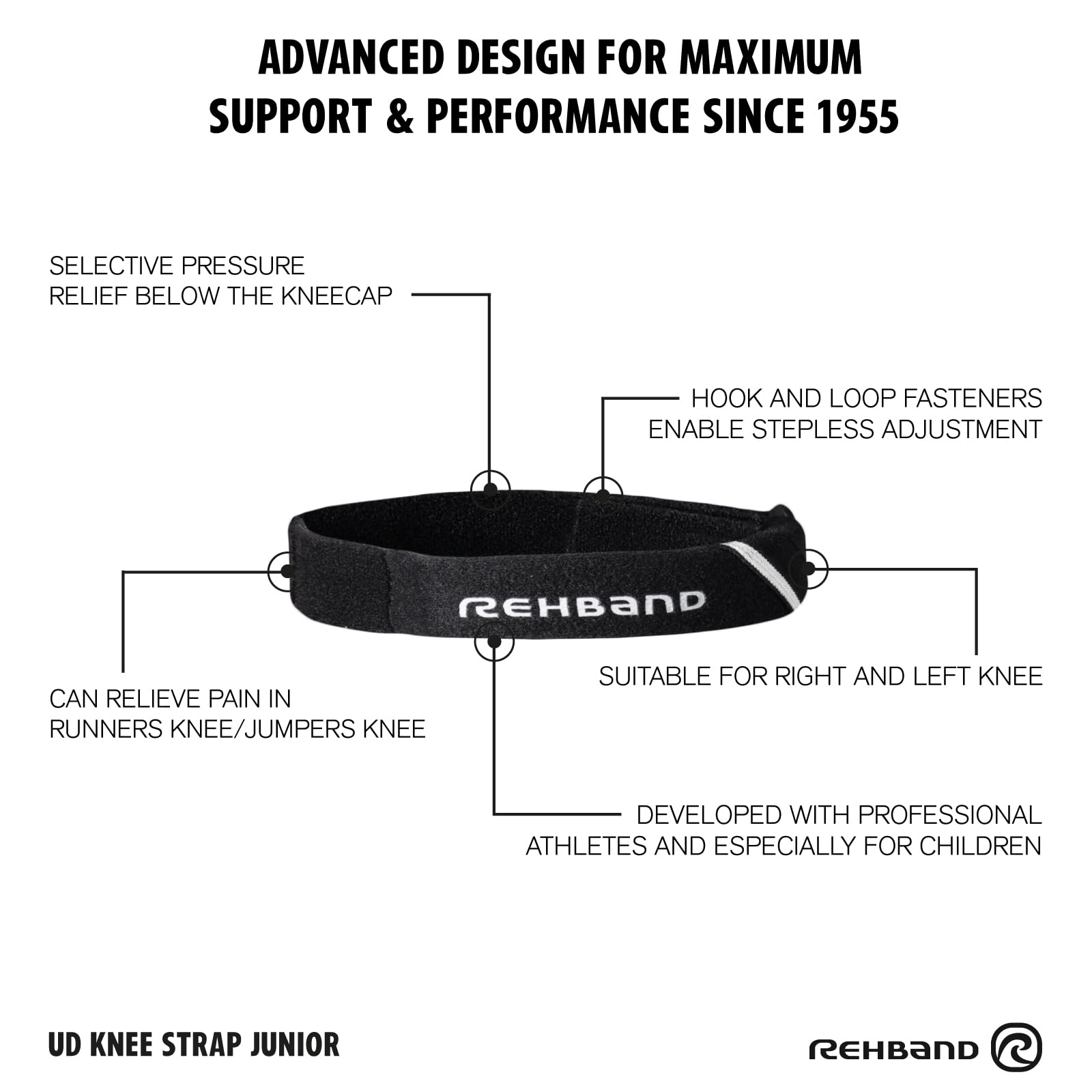Rehband UD rodillera para niños - Soporte de rótula con almohadilla de presión, banda para el tendón rotuliano infantil para fútbol, running, balonmano y tenis, Color:Negro - 1 Par,Talla única