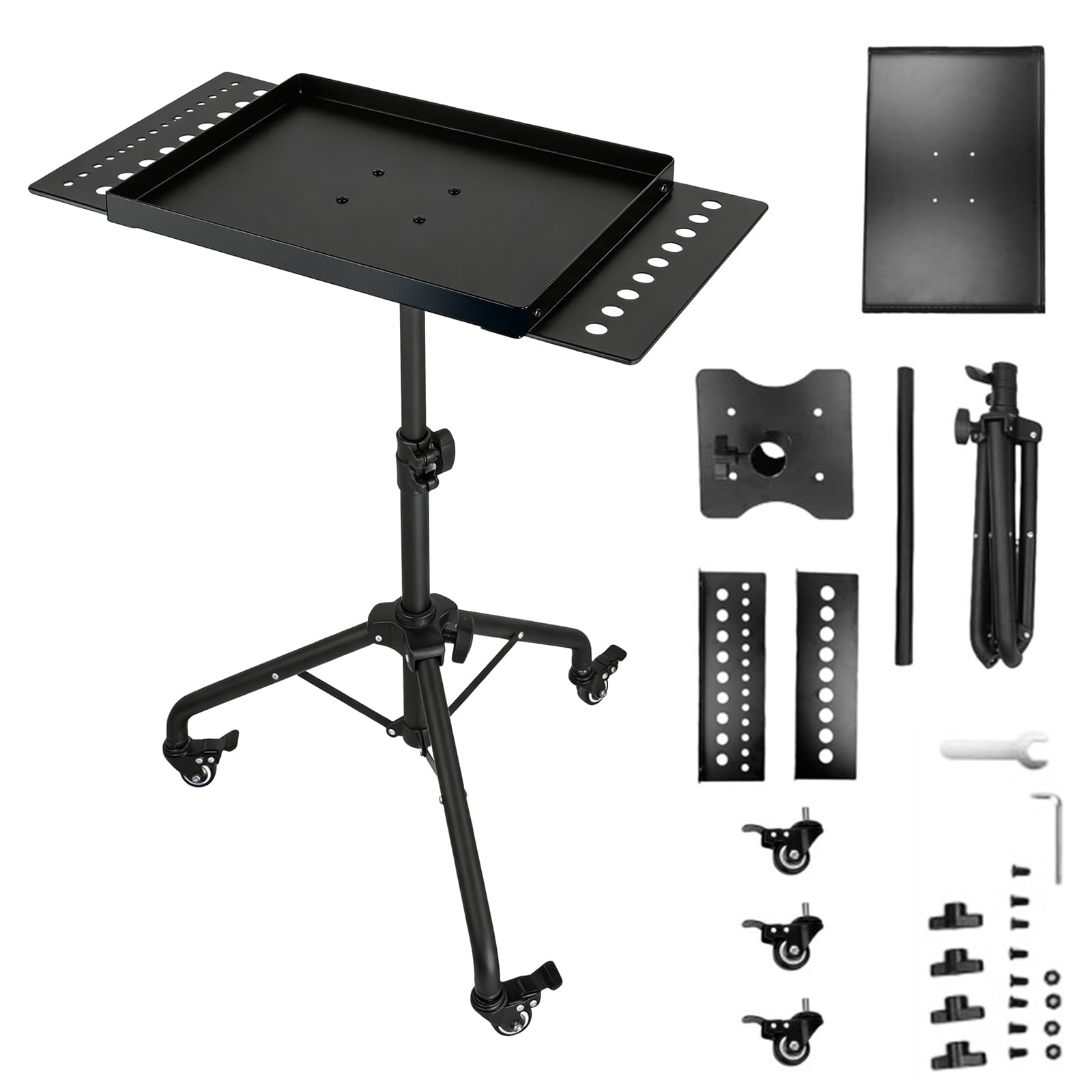 Banco de trabajo móvil, mesa de herramientas con ruedas, altura ajustable 60 – 90 cm, carro de herramientas móvil con bandeja de metal y 2 soportes para herramientas, bandeja de herramientas para