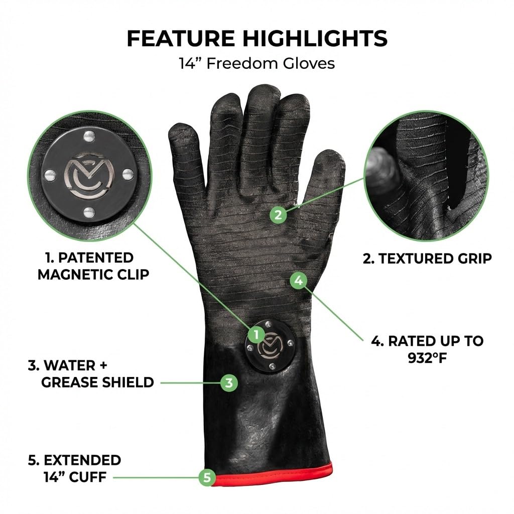 MagneCHEF Freedom - Guantes para barbacoa – Guantes de neopreno extremadamente resistentes al calor a 500.0 °C con puños de 18 pulgadas de largo, clips de seguridad magnéticos de liberación rápida