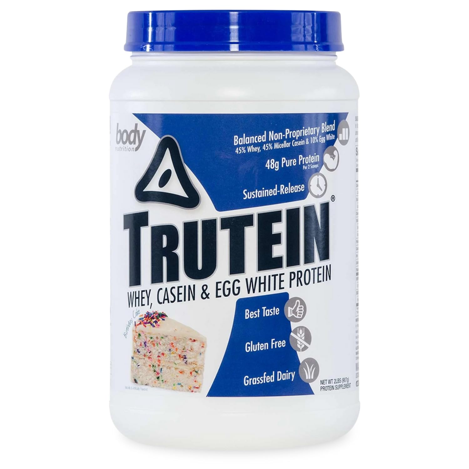 Body NutritionTrutein High Protein Powder: 45% Whey, 45% Casein, 10% Egg White Protein Shake Mix, Gluten-Free, Low Sodium, Low Carb Protein Supplement Powder for Men & Women, Birthday Cake, 2lb