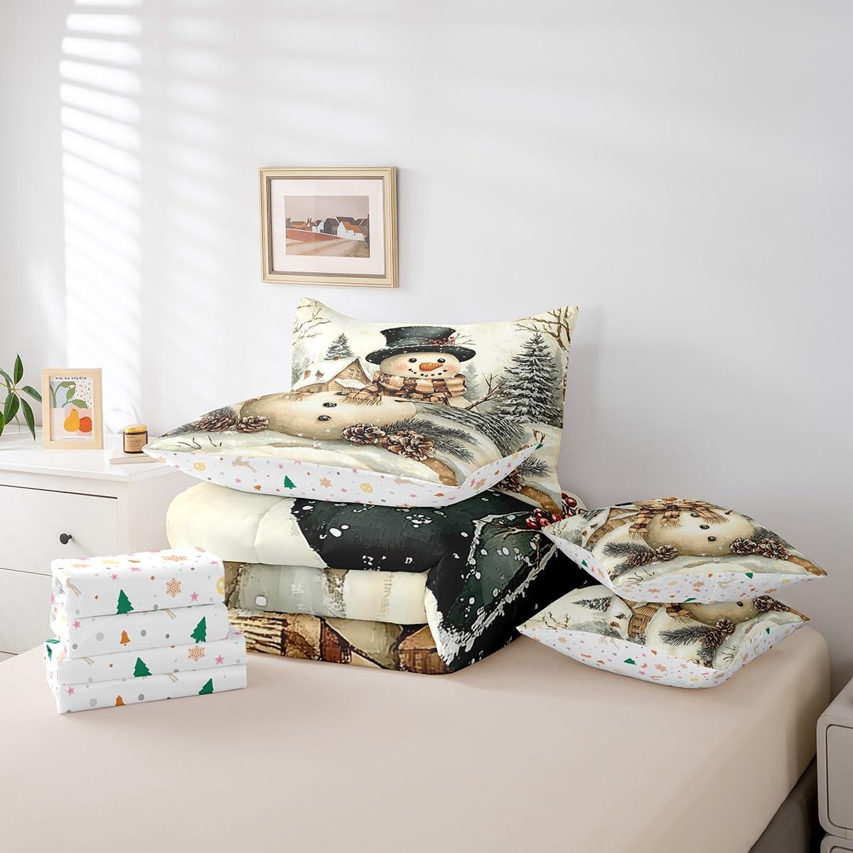 Manfei Rustic Farmhouse Snowman 7 Pieces Bedding Set Twin Bed in a Bag,Winter Christmas Pinecone Vintage Cabin Comforter Set,White Snow Merry Christmas Theme Soft Warm Microfiber Bedding