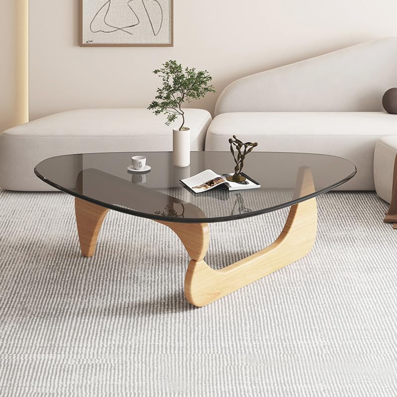 Triangle Coffee Table Modern Noguchi End Table, Solid Wood Base and 8mm Thick Tempered Glass Top Accent for Living Room Office Hotel Patio (Natural Wood Legs + Gray Glass, 50 * 36 * 16)