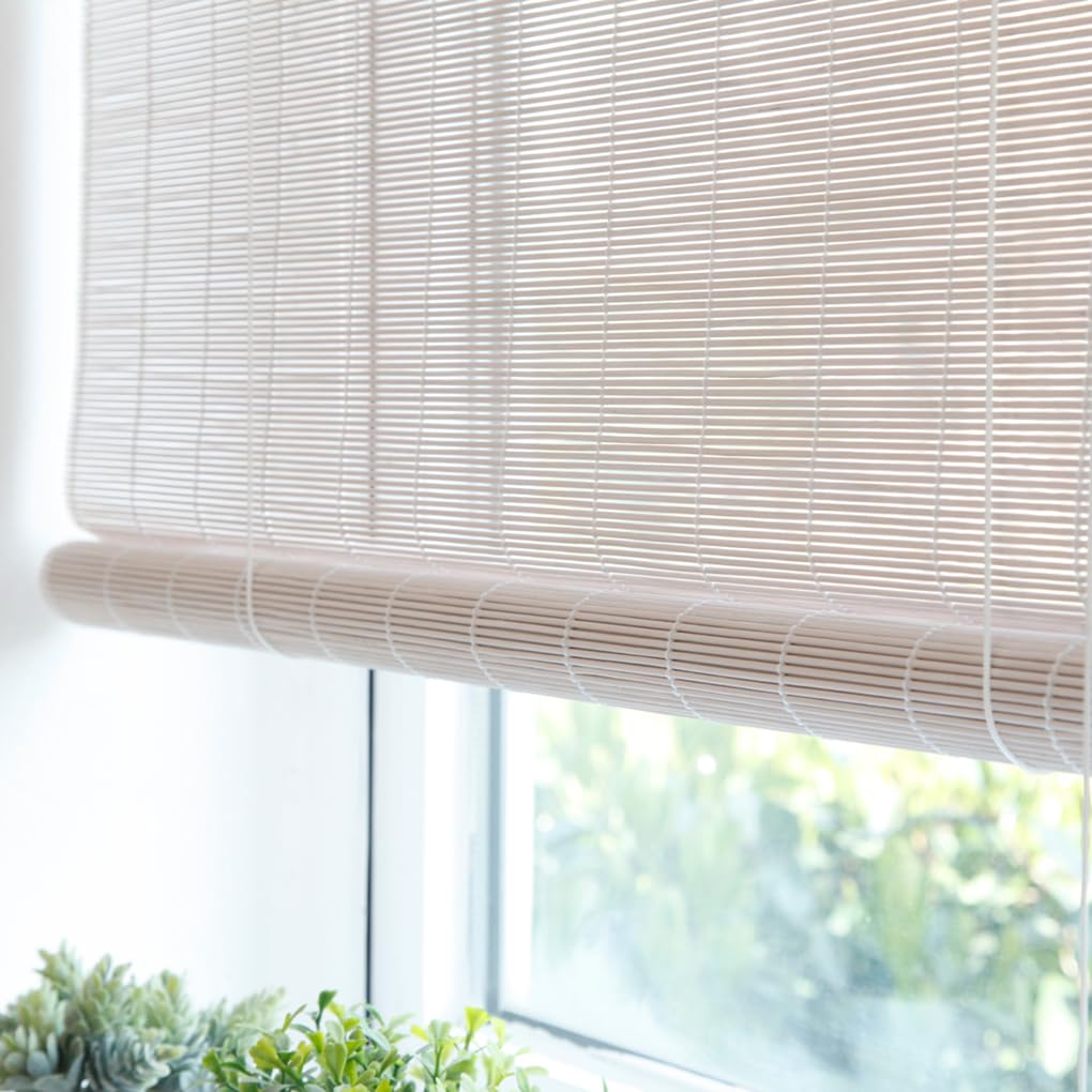 Bambusjalousien Weiss Rollläden 55% Blackout Sonnenschutz Raffrollo Außen Lichtfilter Hergestellt aus 2.55mm Bambusdraht Sichtschutz für Fenster,Türen,Balkon (W90 x H110cm)
