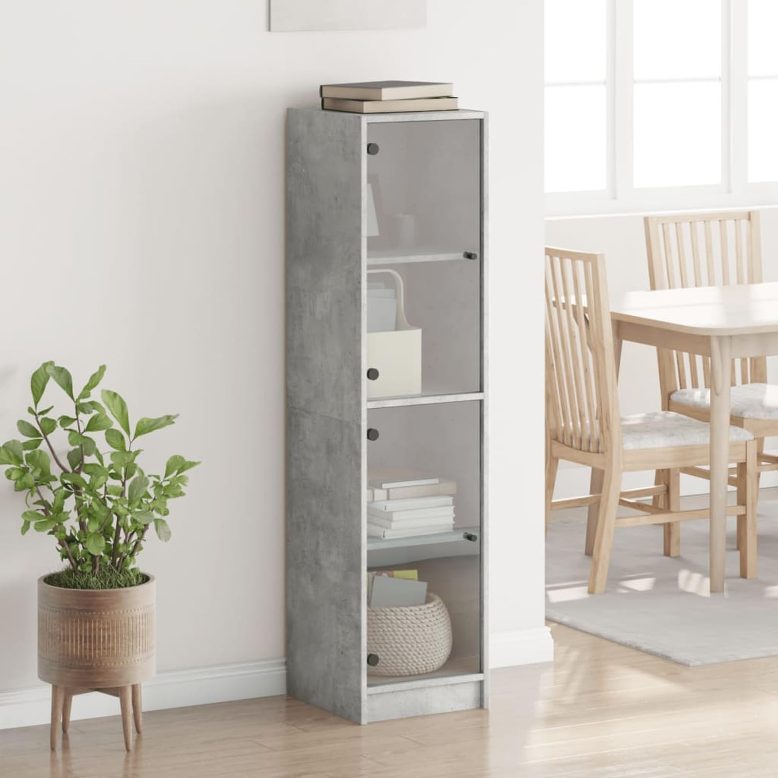 Homgoday Highboard mit Glastüren Betongrau 35x37x142 cm Hochschrank Buffetschrank Hochschrank Wohnzimmermöbel Konsolenschrank Display Freistehend Aufbewahrungseinheit Möbel