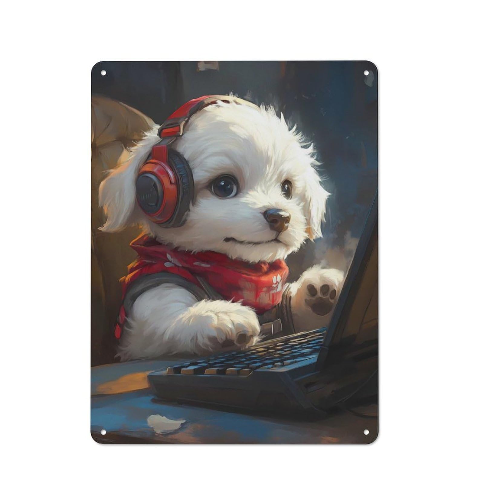 Junmoney Cute Gaming Puppy Dog Metal Wall Sign 40X30cm, Clean Industrial Loft Wall Plaque For Workspace, Cafe, Hallway Or Garage