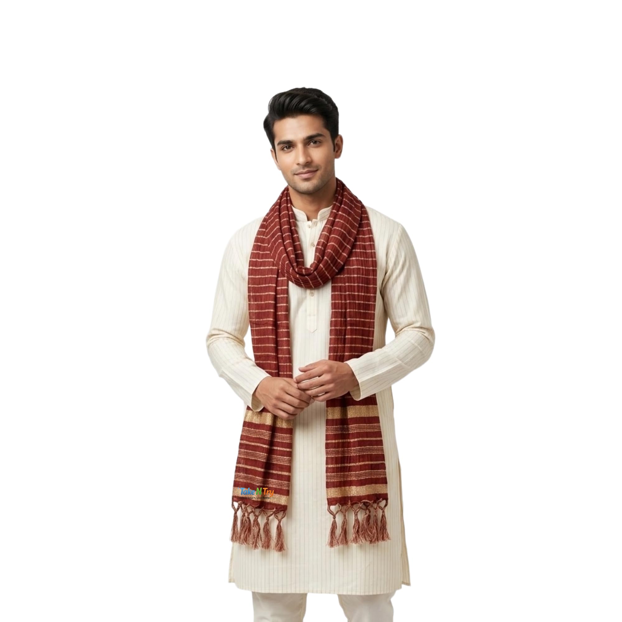 Silk Crush Sherwani Stole for Men's | Wedding Dupatta Scarf with Tassels for Groom | Ethnic Red & Gold Chunni for Kurta Pajama & Festive | Size 90 x 12 Inch | 1 Pc-image-1