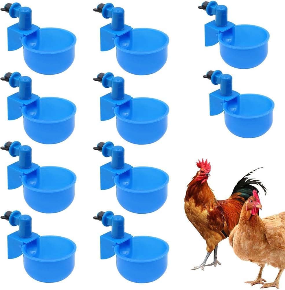 12 Pack Poultry Drinking Cups, Blue/Red Automatic Chicken Duck Water Feeder, Hen Rooster Chicks Quail Turkey Waterer Cups with Nipple for Coop & Poultry Farm.-image-1