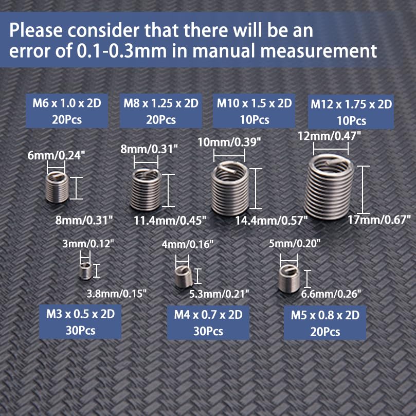 140 pcs 304 stainless steel wire thread inserts steel sheath helical type coiled wire screw repair sleeve assortment kit screws sleeve helicoil type thread repair kit coiled spiral screw kit