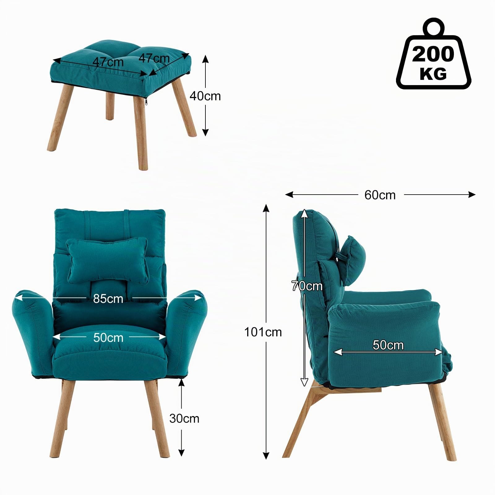 CLIPOP Relaxsessel mit Hocker Verstellbarer Lesesessel mit 6 Positionen Extra Dick Gepolsterter Lehnstühle Liegesessel Fernsehsessel Ohrensessel mit Liegefunktion (Blau)