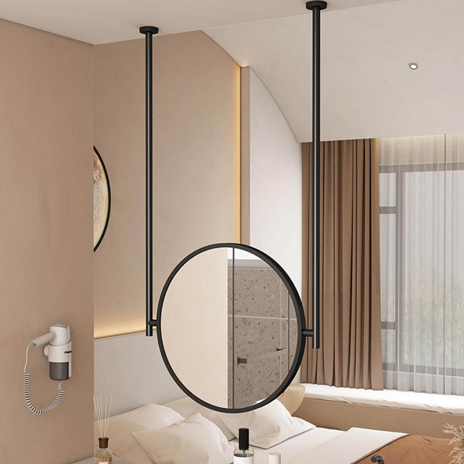 Black Metal Framed Bathroom Makeup Shaving Mirror, Ceiling Hanging Mounted Mirrors, Home or Hotel Round Creative Decorative Mirror(Diameter-50CM/19.7INCH)